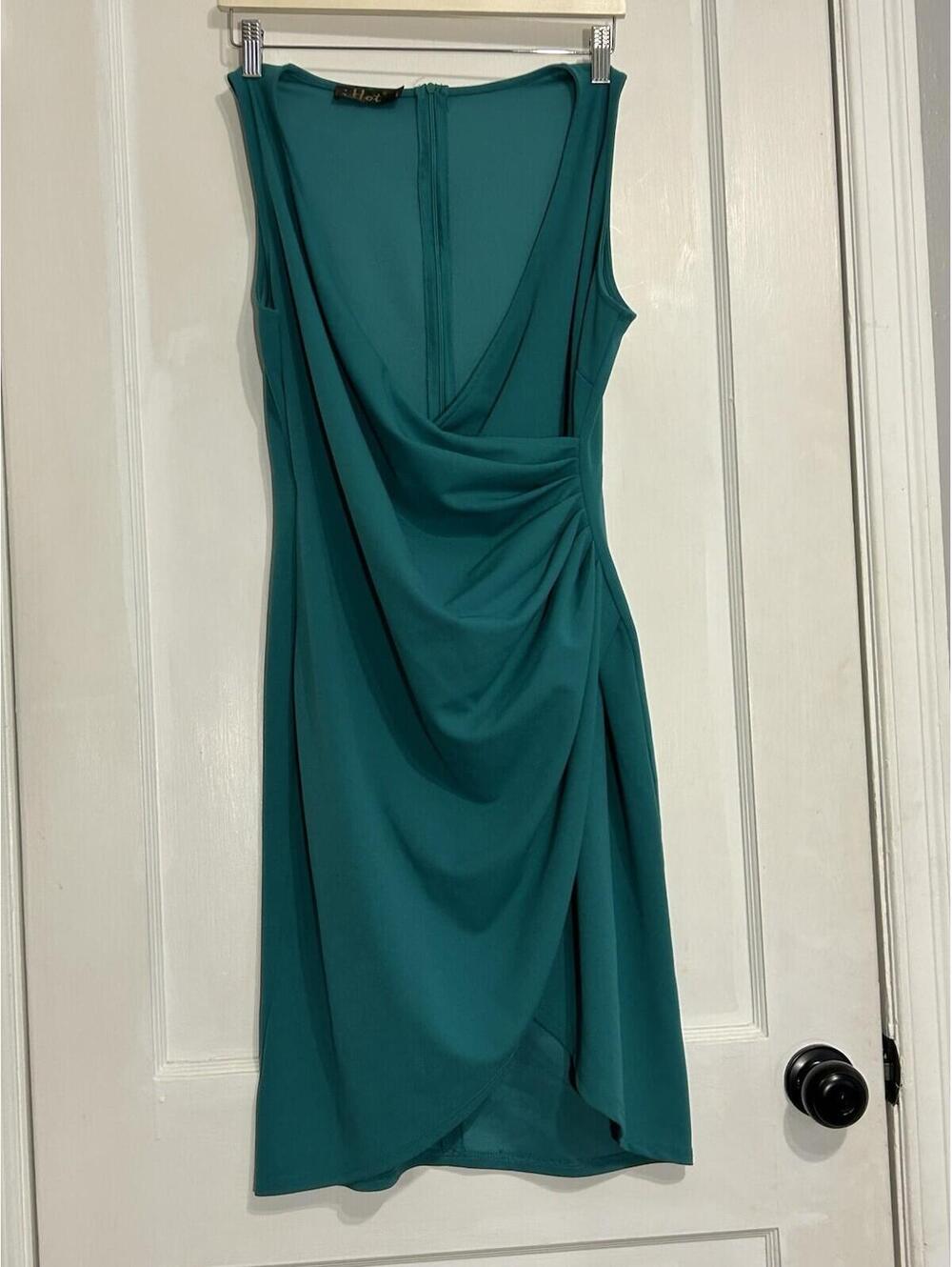 Faux Wrap Ruched Bodycon Dress Green Sz L preppy cocktail Business Casual Staple